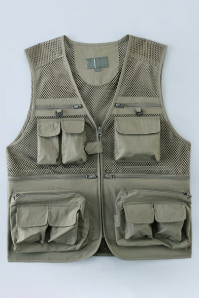 Unique Vest Pure Color Relaxed Multi Pockets V Neck Sleeveless Zip Down Vest for Men