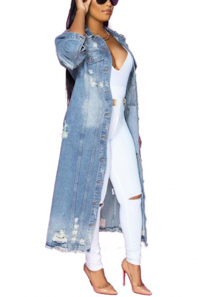 Unique Womens Jacket Plain Ripped Spread Collar Single Breasted Long Sleeve Long Denim Jacket