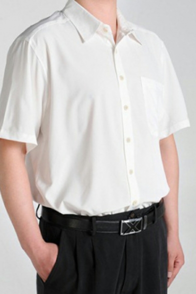 Urban Men Shirt Pure Color Turn-down Collar Short Sleeves Regular Fit Button down Shirt