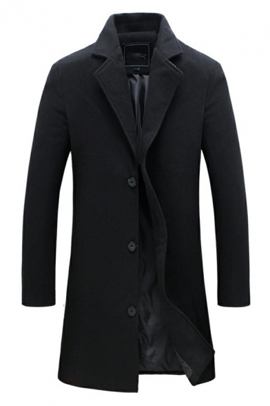 Vintage Coat Pure Color Long-sleeved Single Breasted Regular Lapel Collar Pea Coat for Men