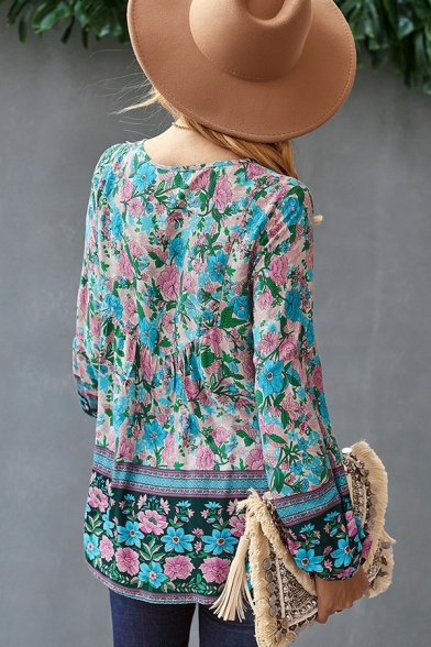 Vintage Womens Shirt Drawstring V Neck Floral Pattern Puff Sleeve Oversized Blouses Shirt