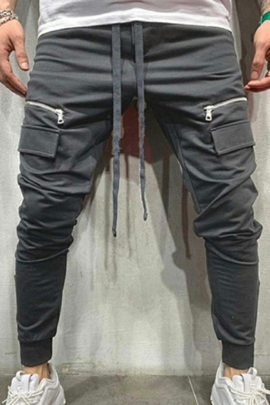 Basic Mens Pants Plain Drawstring Waist Zip Detail Mid Rise Skinny Fit Pants with Pocket