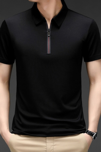 Classic Guys Polo Shirt Whole Colored Zip Regular Fit Short-sleeved Polo Shirt