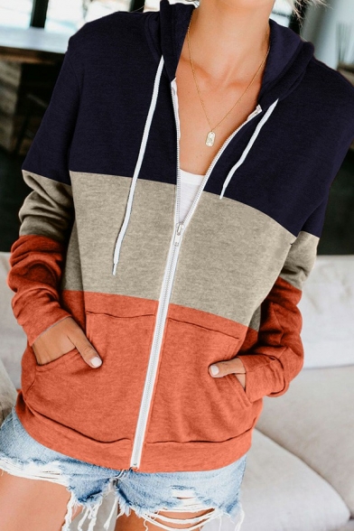 Comfortable Womens Hoodie Drawstring Color Block Zipper Up Long Sleeve Regular Fit Hooded Sweatshirt