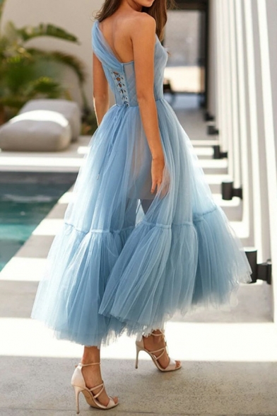 Couture Womens Dress Plain One Shoulder Sleeveless Sheer Ruffle Midi Flare Dress