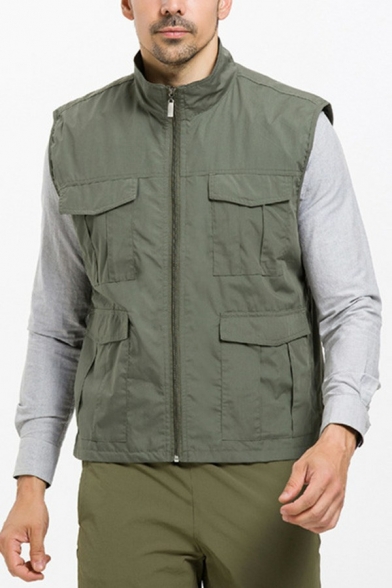 Dashing Guy's Vest Whole Colored Multi Pockets Stand Collar Sleeveless Regular Zipper Vest