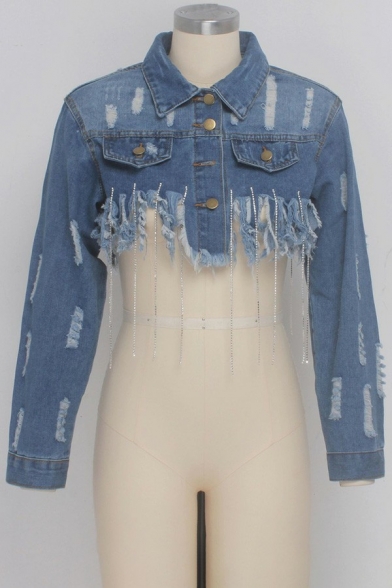 Designer Ladies Crop Jacket Turn Down Collar Button Up Distressed Fringe Denim Jacket with Chain