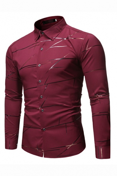 Edgy Mens Shirt Shinny Thread Print Point Collar Skinny Long Sleeve Button Fly Shirt