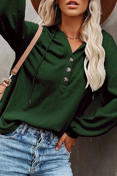 Fashion Hoodie Whole Colored Long Sleeve Regular Hooded Drawstring Button Hoodie for Women