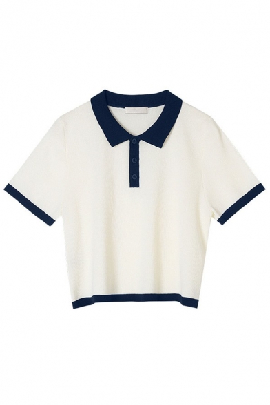 Funky Contrast Trim Polo Shirt Spread Collar Short Sleeve Regular Fit Polo Shirt for Women
