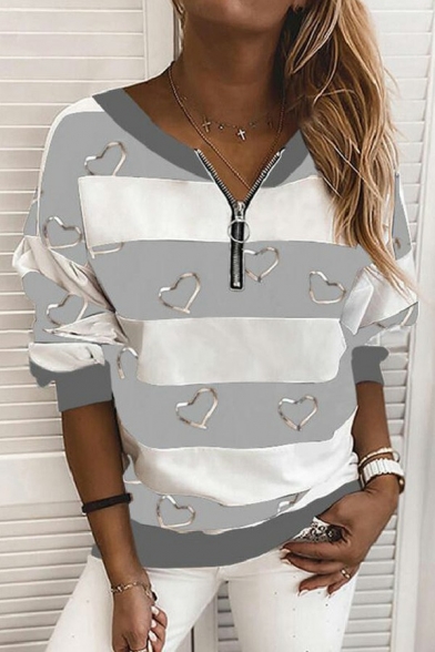 Ladies Hot Sweatshirt Heart Print Long-Sleeved Regular Fit 1/2 Zipper Collar Sweatshirt