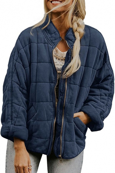Leisure Ladies Jacket Solid Stand Collar Zipper Fly Long Sleeve Quilted Jackets