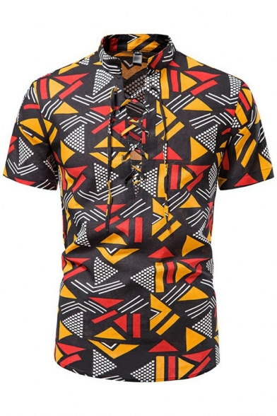 Leisure Shirt Tribal Print Stand Collar Lace-up Short Sleeve Relaxed Shirt for Men