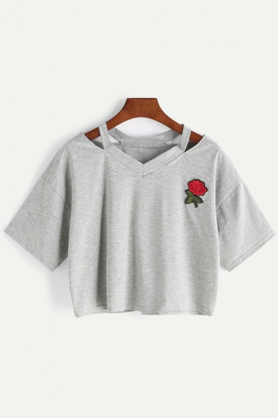 Leisure Womens Crop T-Shirt Hollow Out Rose Embroidery Short Sleeve Loose Fit T-Shirt