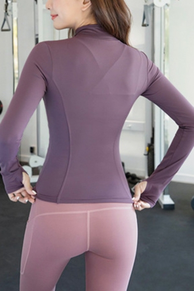 Leisure Womens Gym Jacket Solid Color Stand Collar Zipper Closure Long Sleeve Slim Fit Yoga Jacket