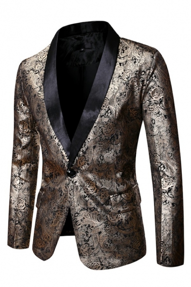 Men Hot Blazer Jacquard Print Pocket Long Sleeve Slim Lapel Collar Single Button Blazer