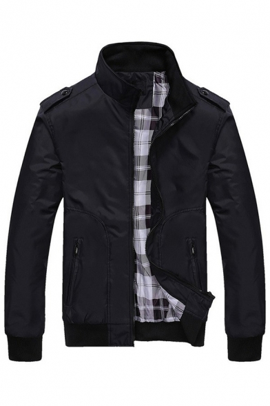 Men Hot Jacket Pure Color Stand Collar Ribbed Hem Zip Closure Pocket Plaid Lined Jacket