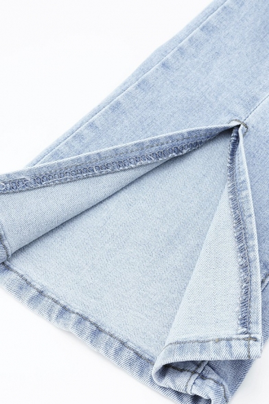 Modern Womens Jeans Lightwash Blue Zip Closure High Waist Split Hem Bootcut Denim Pants