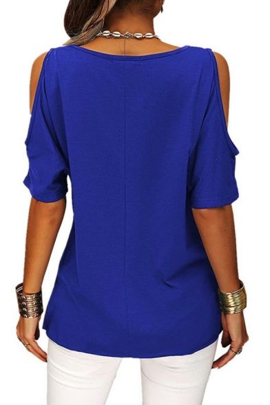 Popular Cold Shoulder Top Plain Round Collar Criss Cross Short Sleeve Regular Fit Tee Shirt for Women