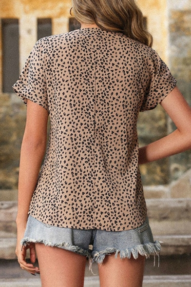 Retro Ladies V-Neck Shirt Leopard Print Short Sleeve Loose Fit Pullover Shirt