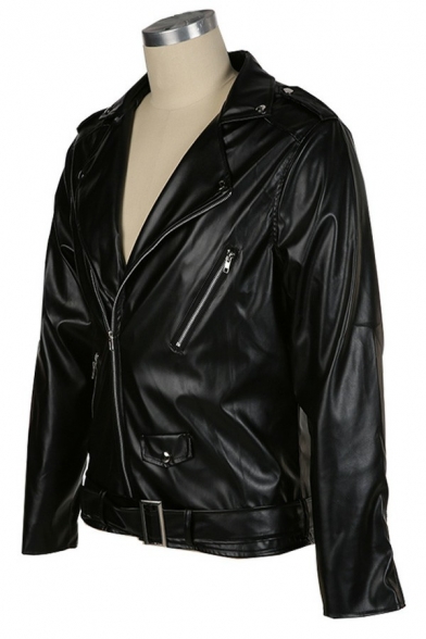 Retro Men's Leather Jacket Whole Colored Zipper Pocket Belt Epaulet Leather Jacket