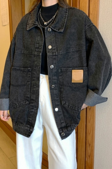 Retro Womens Black Jacket Spread Collar Button Closure Loose Fitted Denim Jacket with Pockets