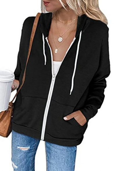 Simple Hoodie Solid Pocket Long Sleeve Fitted Hooded Drawstring Zipper Hoodie for Women