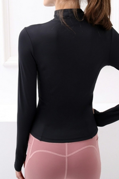 Simple Womens Gym Jacket Solid Color Zipper Closure Stand Collar Long-Sleeved Slim Fit Jacket