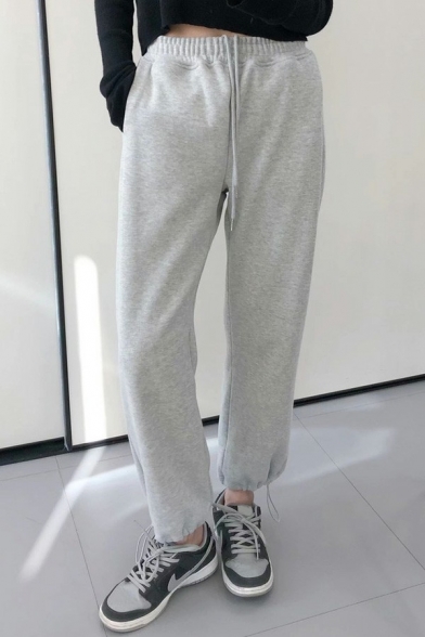 Simple Womens Pants Solid Elastic Waist High Rise Cuffed Straight Joggers