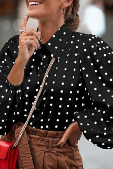 Simplicity Womens Shirt Button Closure Turn Down Collar Polka Dot Pattern Puff Sleeve Oversized Shirt