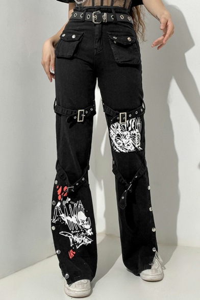 Street Look Womens Jeans Painted Design Zip Fly Press-Stud Vent High Rise Belted Straight Denim Pants