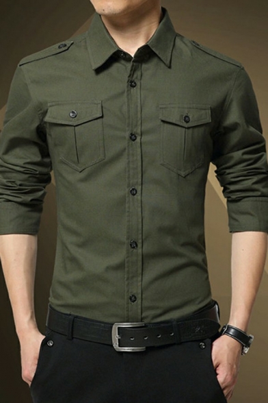 Stylish Mens Shirt Plain Turn-Down Collar Single Breasted Chest Pockets Epaulet Design Long Sleeve Shirt