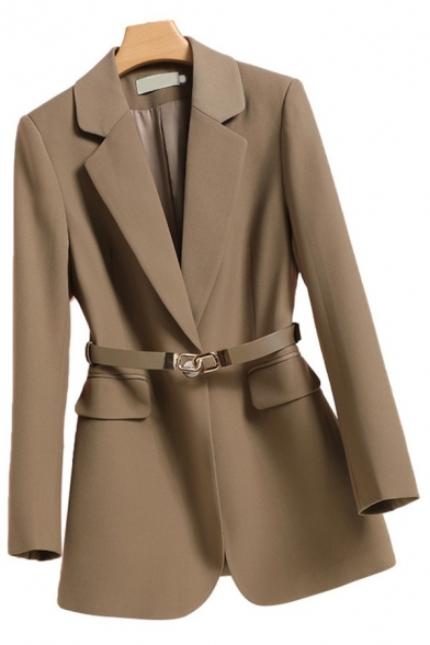 Stylish Womens Blazer Solid Color Notched Lapel Collar Single Button Slim Fit Blazer with Belt