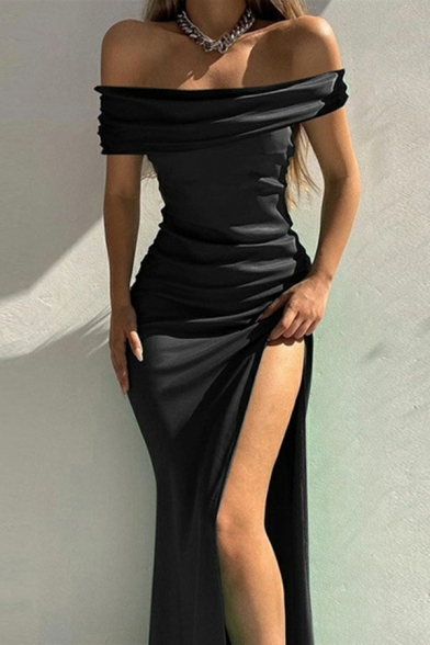 Stylish Womens Sheath Dress Solid Color Off the Shoulder Split Side Slim Fit Maxi Dress