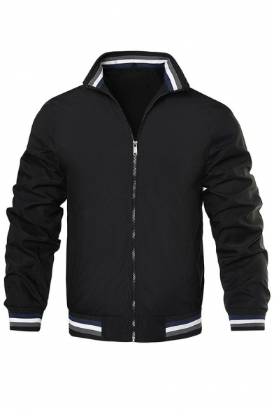 Trendy Jacket Contrast Trim Stand Collar Zip-up Pocket Rib Cuffs Jacket for Men