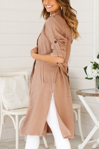 Trendy Womens Trench Coats Plain Notched Lapel Collar Open Front Loose Fit Long Trench Coat