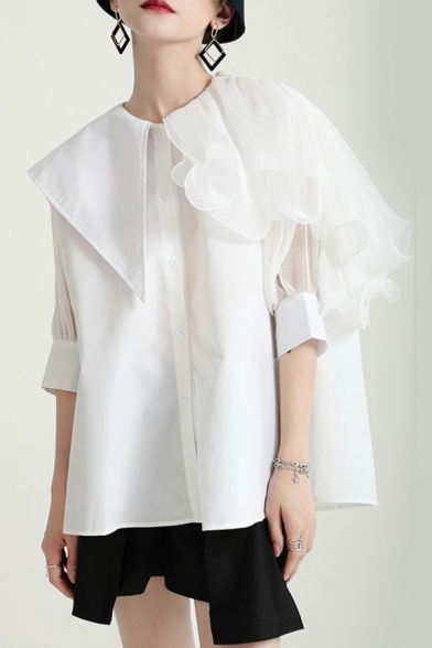 Unique Womens Shirt Plain Sailor Collar Half Sleeve Ruffle Single Breasted Shirt