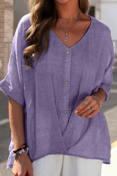 Vintage V Neck Shirt Plain Cotton and Linen Button Detail Half Sleeve Oversized Shirt for Women
