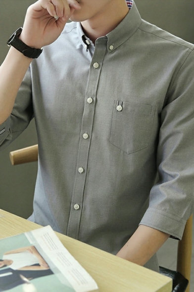 Casual Mens Shirt Pure Color Chest Pocket Long Sleeve Button-Down Collar Regular Fit Button Shirt