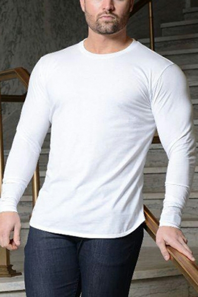 Casual Mens Sweatshirt Solid Color Round Neck Long-Sleeved Rib Cuffs Slim Fitted Sweatshirt