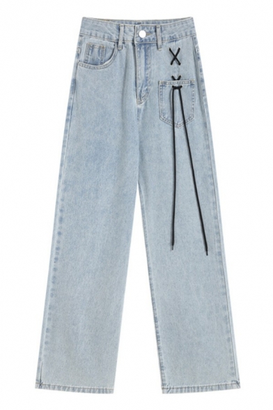 Chic Girls Jeans Lightwash Blue Zip Closure High Waist Ribbons Straight Denim Pants