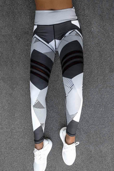 Chic Womens Leggings Geometric Printed Elastic Waist High Rise Workout Leggings