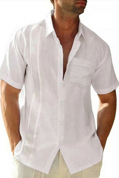 Cozy Men Shirt Plain Chest Pocket Turn-down Collar Long Sleeves Regular Button-up Shirt