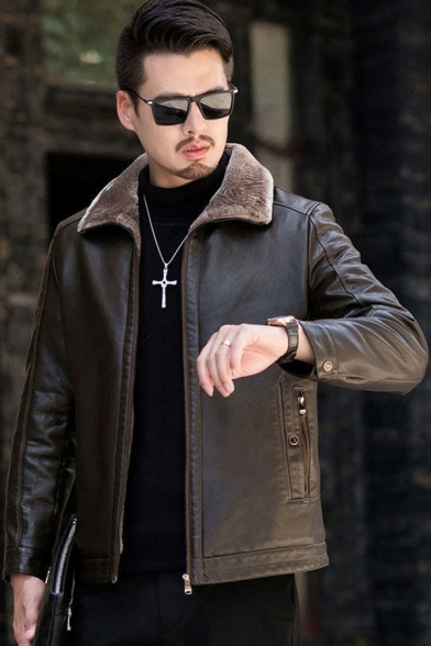 Guy's Creative Jacket Pure Color Spread Collar Long-Sleeved Fitted Zip Leather Fur Jacket