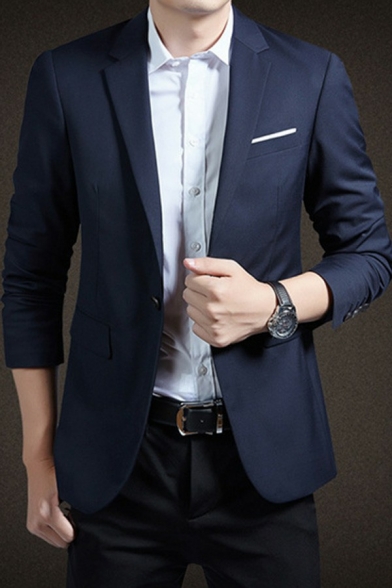 Guys Simple Suit Pure Color Pocket One Button Lapel Collar Regular Suit