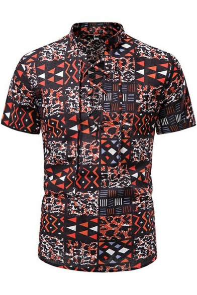 Leisure Shirt Tribal Print Stand Collar Lace-up Short Sleeve Relaxed Shirt for Men