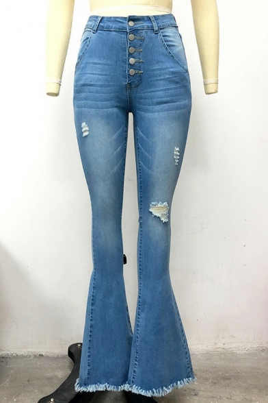 Leisure Womens Jeans Midwash Blue Button Closure High Rise Ripped Fringe Flare Denim Pants