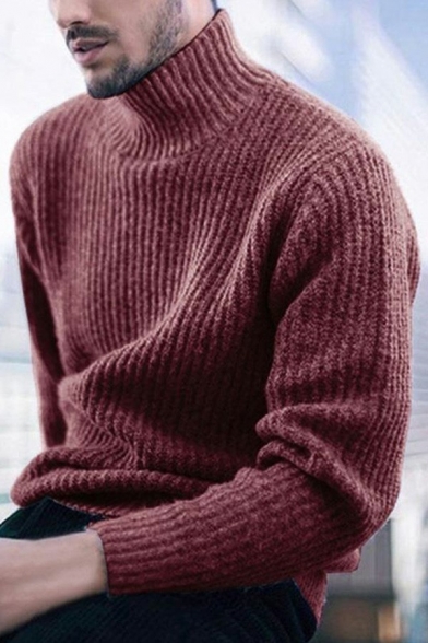 Men Novelty Sweater Pure Color High Neck Long Sleeves Loose Fit Pullover Rib Hem Sweater