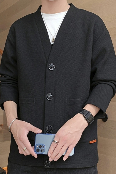 Men's Daily Suit Jacket Solid Color V-neck Button Closure Pocket Detail Suit Jacket