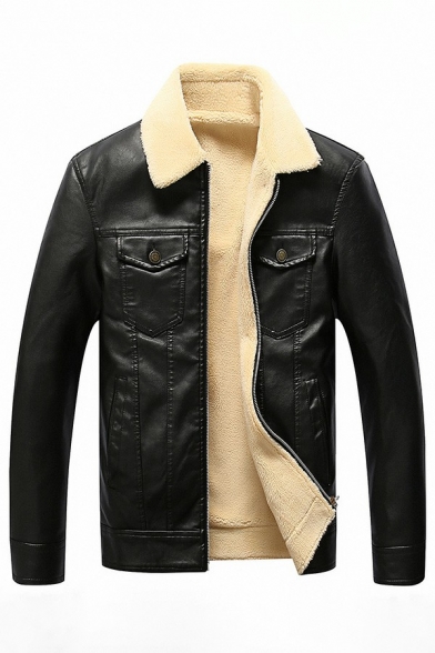 Men Stylish Jacket Plain Chest Pocket Spread Collar Long-sleeved Zip-up Leather Fur Jacket